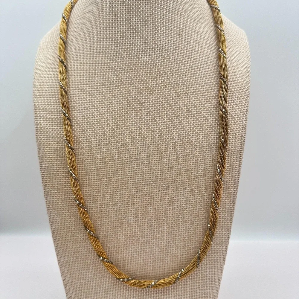 Vintage 80s Two Tone Gold Silver Twisted Mesh Rope Chain‎ Necklace Retro Jewelry